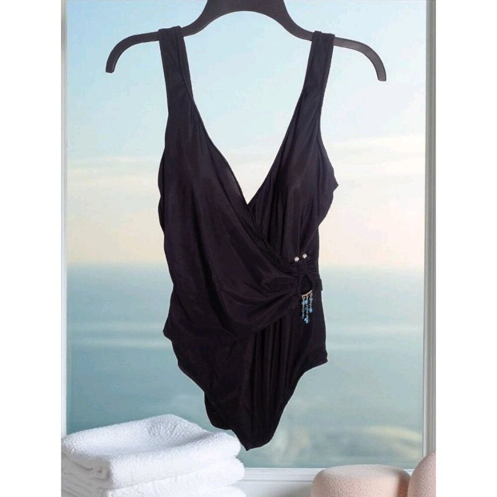 Miraclesuit One Piece Swimsuit 10 Beaded Rhinestone Black Vintage Vacay Resort